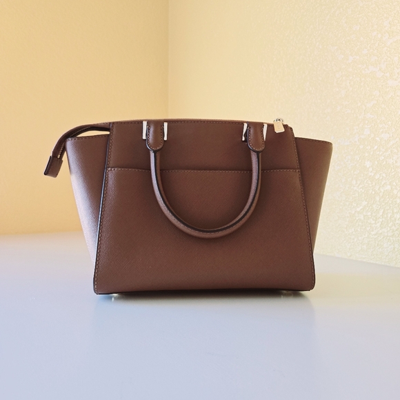 Michael Kors MK Classic Logo Hudson Saffiano Leather Handbag Satchel Brown Gold - Picture 4 of 16